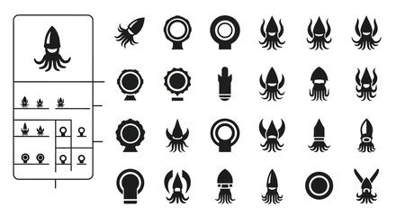 Black squid, octopus, and jellyfish icons, 25 vector graphics, seafood symbols, marine life illustrations, ocean creatures © Professor