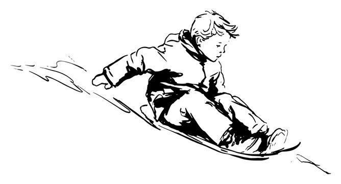 Young Boy Riding Sled Down Snowy Hill, Winter Outdoor Activity Fun, Child Sliding on Toboggan in Snow, Ink Sketch Illustration of Winter Sport