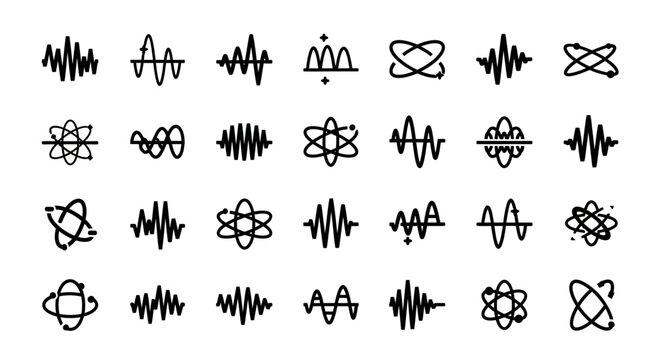 Sound wave, audio signal, atom, science icons, 25 black line art graphics, vector set