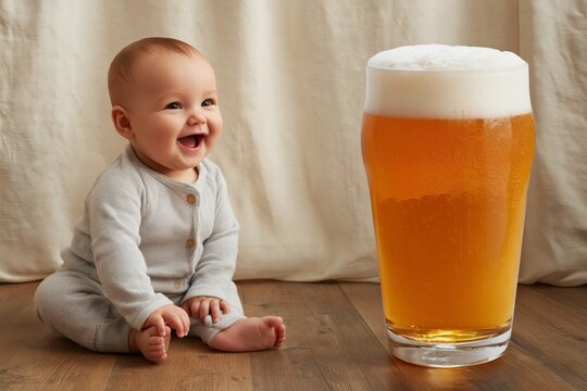 Baby Smiles at Large Glass of Beer Sitting on Wooden Floor