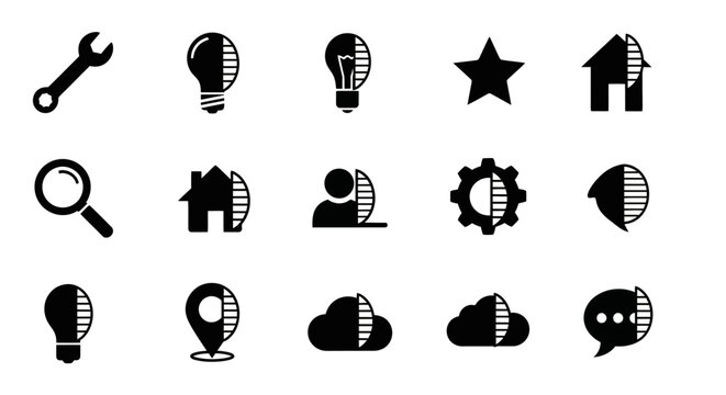 Black icons set, 15 web development symbols, flat design, business and technology concepts, vector graphics