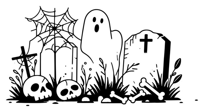 Spooky Halloween Graveyard Illustration, Ghost with Skulls and Tombstones, Cemetery Scene with Spider Web and Bones for Halloween Decor