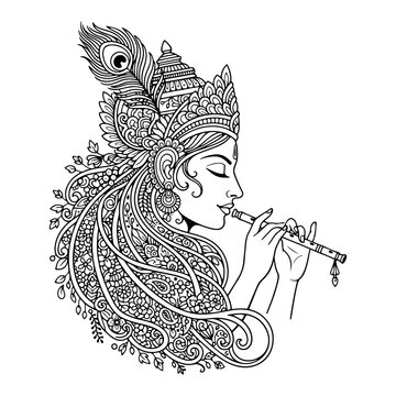 Lord Krishna Playing Flute Portrait, Indian Goddess Radha with Peacock Feather Crown, Intricate Henna Style Line Art for Coloring Page