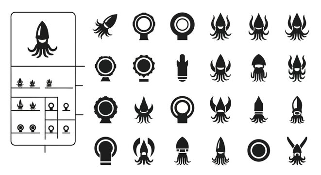 Black squid, octopus, and jellyfish icons, 25 vector graphics, seafood symbols, marine life illustrations, ocean creatures