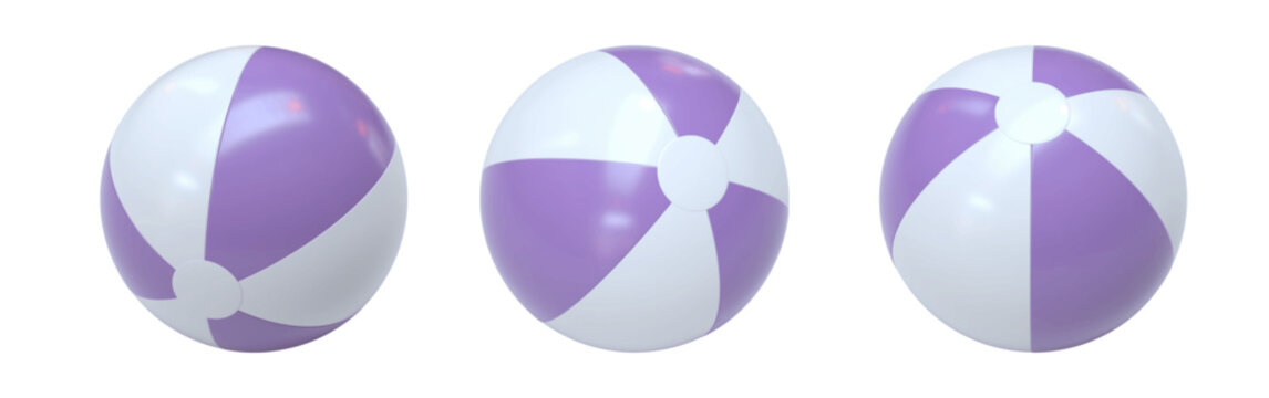 Vector set of realistic 3D rendered beach balls. Three inflatable water balls in soft pastel purple and white. Colorful striped beach balls shown from different angles, isolated.