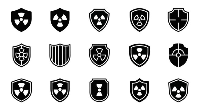 Biohazard, radiation, shield, icons, 15 black and white vector symbols, biohazard signs, warning labels, safety emblems