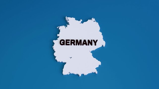 Germany 3D Map Zoom Out Camera Animation on Blue Background &mdash; 4K 3D Video Animation of White Geographic Map of Germany with Bold Text 