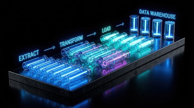 Data pipeline stages Extract, Transform, Load (ETL) process visualized with glowing tubes representing data flow and storage, leading to a data warehouse