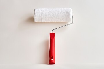Obraz premium Roller Brush With White Cover Rests on Plain Wall With No Other Items Around in Interior Space