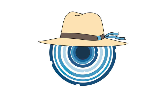 A light colored hat rests above a semi-circle of concentric blue rings