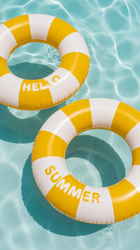 Hello Summer! Two yellow and white striped inflatable pool rings with greeting text floating on turquoise rippling water. Summer vacation, leisure time, summertime, travel, tourism concept. 