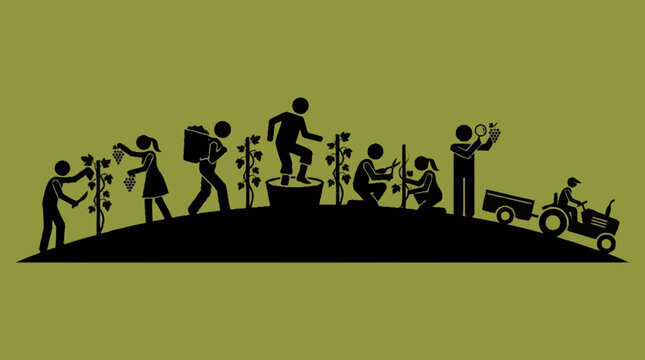 Silhouettes depict the progression of agricultural labor from manual harvesting to mechanized farming with a tractor.