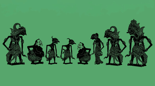 A collection of traditional Indonesian Wayang Kulit shadow puppets displayed against a solid green background.