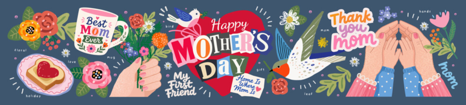 Happy Mother's Day. Cute vector illustrations of a logo, typography, lettering, flowers, a mug, a bouquet in hands, a bird holding a gift, mother and child's hands, a toast with a heart for a collage,