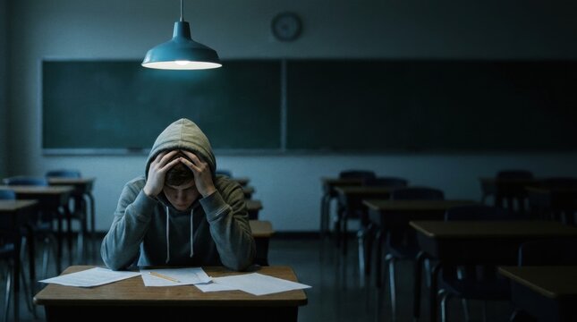Stressed student sitting under a spotlight in a dark classroom conceptualizing academic pressure and mental health