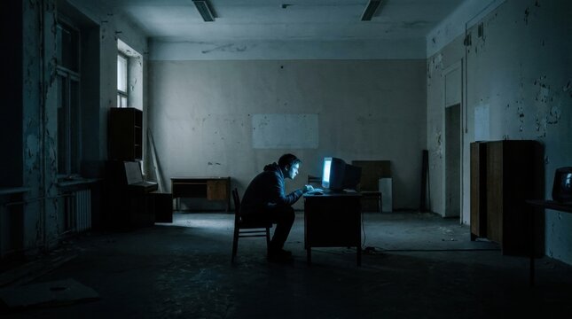 Young man sitting at a desk using an old computer in a dark abandoned room, glowing screen illuminating his face in a lonely atmosphere.
