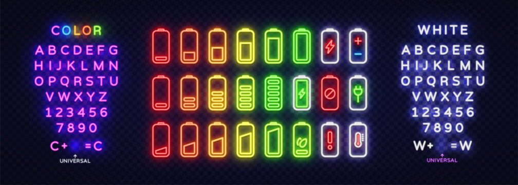 Large neon battery icon set with colorful alphabet and numbers. Bright glowing energy indicators and electric symbols on transparent background