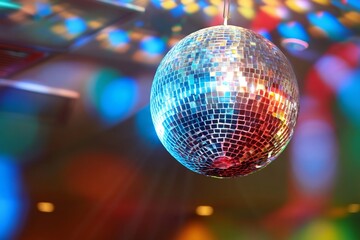 Obraz premium Disco Ball Hanging in a Party Setting With Colorful Lights Reflecting on the Walls