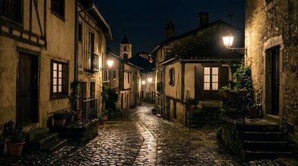 Fototapeta premium Charming cobblestone alleyway in a historic European village illuminated by antique street lamps at night