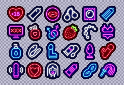 Neon sticker collection with bright erotic shop icons including toys, protection, and playful adult symbols. Vibrant glowing shapes create bold nightlife vibe.