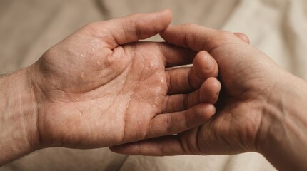 Fototapeta premium Close-up of two palms pressing together gently with water droplets clinging to skin surface, visible warmth and moisture, natural skin tones with fine detail of