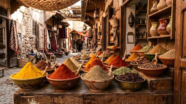 Colorful spices like turmeric, paprika, and cumin are vibrantly displayed in ceramic bowls at a traditional market stall, inviting sensory exploration.