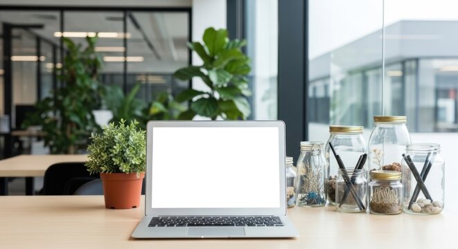 Open laptop computer with blank white screen on wooden desk in modern office workspace