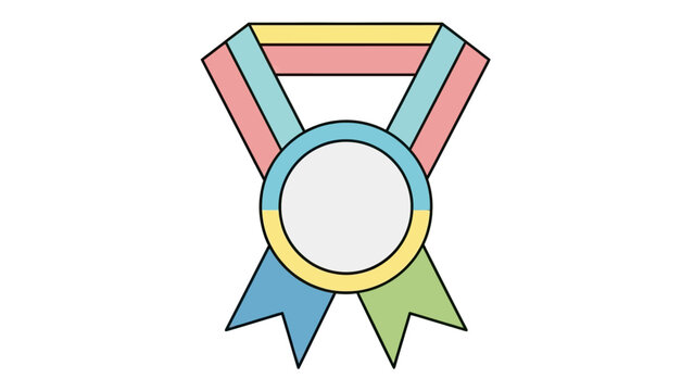 A colorful rosette medal with ribbon streamers hangs against a white background