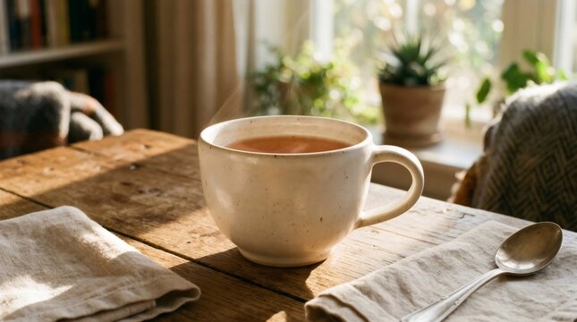Steaming cup of hot tea on rustic wooden table