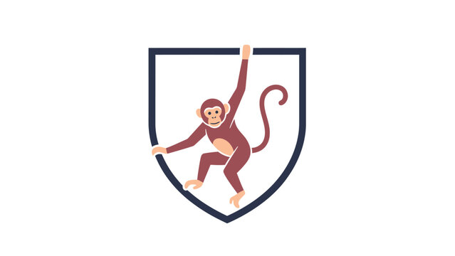 A brown monkey with a curled tail hangs from a dark blue shield outline