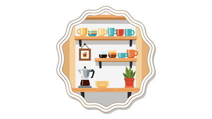 Fototapeta premium A delightful display of colorful mugs, coffee maker, and plant adorn wooden shelves