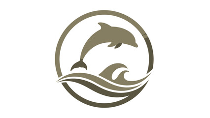 Fototapeta premium Silhouette of a leaping dolphin above stylized waves within an oval frame