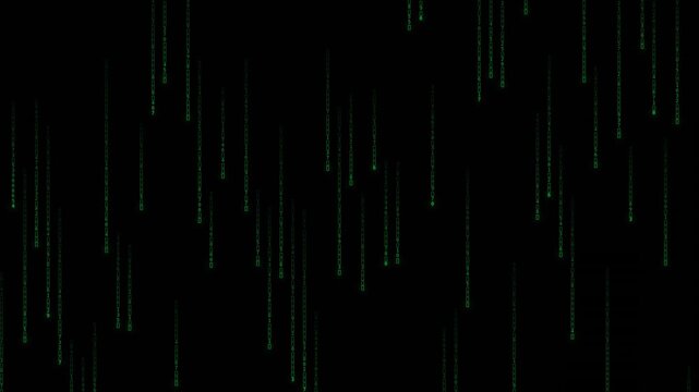 A cascade of green digital code streams downward against a dark background, evoking a cybernetic theme