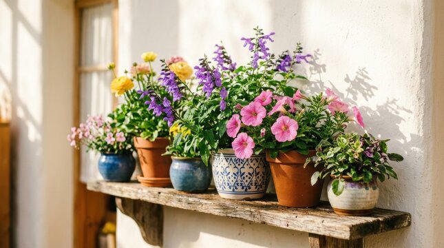 Vibrant potted flowers in ceramic vessels arranged on a rustic wooden shelf against a sun-drenched white wall, soft natural light casting delicate shadows through green