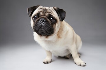 Fototapeta premium Pug Sits on White Background With Curious Expression and Playful Demeanor in Studio