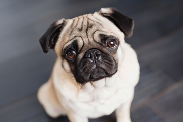 Obraz premium Pug Sits on White Background With Curious Expression and Playful Demeanor in Studio