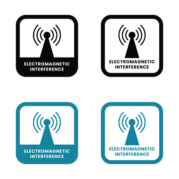 The image showcases four variations of an electromagnetic interference symbol presented in black white and teal color schemes high quality professional detailed modern elegant