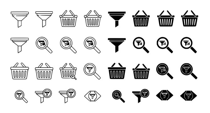 Professional collection of funnel and shopping basket icons for e-commerce website interface design and conversion rate optimization metrics in vector format style