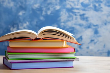 Naklejka premium Stack of Open and Closed Books on a Wooden Table With Blue Background