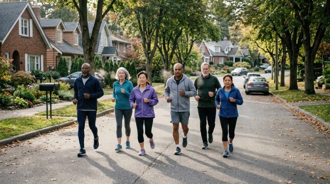 Senior athletic group jogging on a suburban residential street lined with houses and trees, their faces concentrating forward with determination, mixed genders and