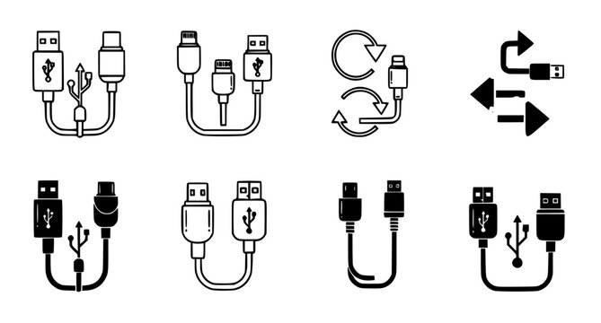 Collection of USB cable and charging connector icons for electronic device connectivity and technology hardware design featuring various port types in vector