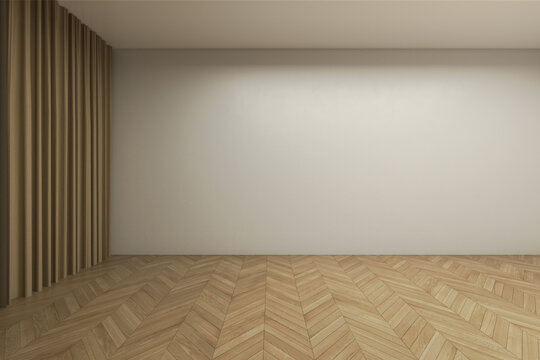 Empty room mockup with a white wall, natural light, a light brown curtain, and a wooden floor. 3d render