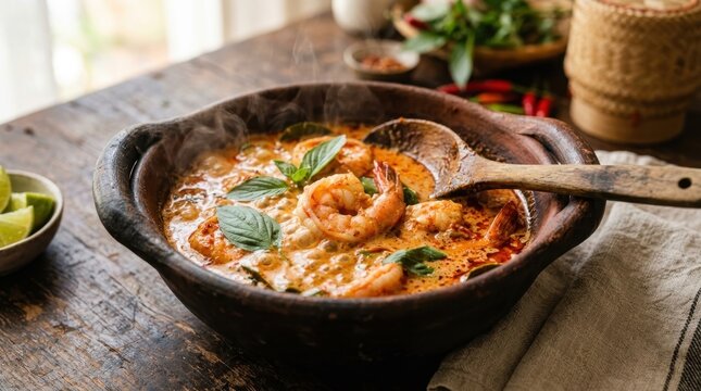 Jumbo shrimp in a creamy coconut curry sauce bubbling gently in a traditional earthenware bowl, vibrant red curry paste visible, Thai basil leaves floating in the rich