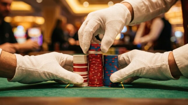 Close-up of gloved hands expertly stacking and arranging red white and blue chips into neat columns on a casino table, fingers showing precision and control, chips
