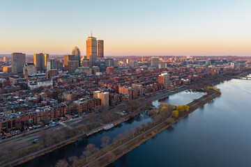 Fototapeta premium Aerial view of Boston riverfront skyline at dawn