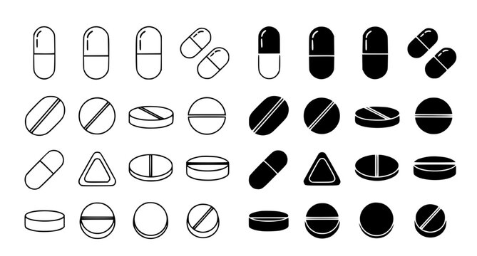 Set of pharmaceutical pill and capsule icons for medical and health design projects featuring various medication forms and tablet shapes in clean vector