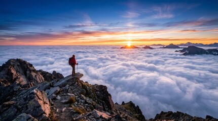 Fototapeta premium Hiker standing on mountain summit above clouds at sunset