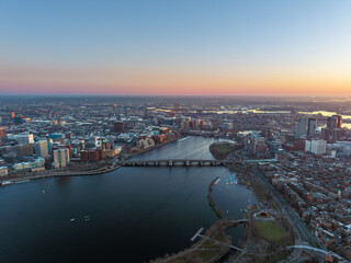 Fototapeta premium Charles River and Boston skyline during blue hour sunrise