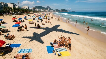 Obraz premium Airplane shadow flying over a crowded ipanema beach in rio de janeiro