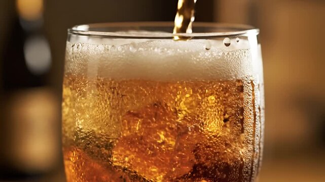 Pouring Amber Liquid Over Ice Cubes in a Glass 1.